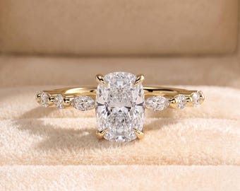 Anello di fidanzamento allungato a taglio cuscino - Diamante creato in laboratorio | Pietre decorative a taglio marquise | Oro 18 carati, certificato IGI