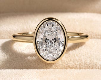 Anello con castone ovale, diamante certificato in laboratorio - certificazione IGI, 2 ct, stile cattedrale, oro 10K-18K, minimalista