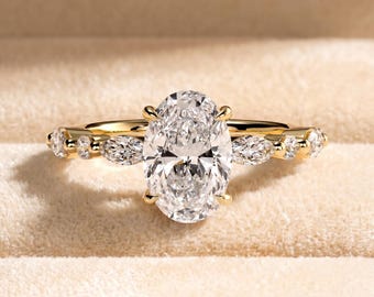 Anello di fidanzamento con diamante ovale da 2 carati, creato in laboratorio, con diamanti a taglio marquise e rotondi come dettagli, certificato IGI.
