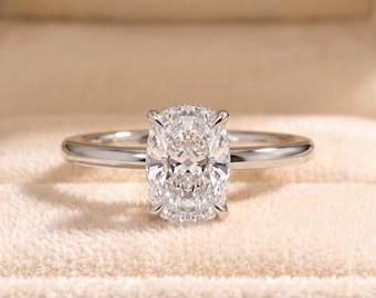 Anello di fidanzamento a cuscino allungato | Diamante sintetico da 2 ct | Halo nascosto, oro 1,8 mm, certificato IGI