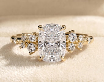 Anello di fidanzamento a taglio cuscino allungato con diamante sintetico da 2 carati | Certificato IGI | Oro 14 carati | Gioielli floreali