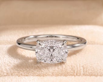 Anello di fidanzamento solitario in oro con diamante sintetico da 2 carati, taglio a cuscino allungato, orientamento est-ovest, per donna.