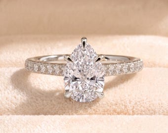 Anello di fidanzamento a goccia | Anello di fidanzamento con alone nascosto, diamante creato in laboratorio, 2 ct, oro 18 carati, incastonatura pavé da 2 mm