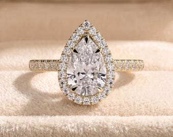Anello di fidanzamento a goccia | Anello con pavé di diamanti - Diamante sintetico da 2 ct | Fascia con pavé | Montatura a cattedrale