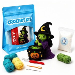 May include: A crochet kit for beginners featuring a blue storage bag with the text CROCHET KIT, a finished green-skinned witch doll in a purple robe and black hat with a cauldron, a bag of white stuffing, yarn skeins, and metal crochet tools.