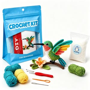 Kit de crochet pour débutant Colibri, kit de matériel de crochet bricolage oiseau amigurumi avec didacticiel vidéo, ensemble complet de crochets