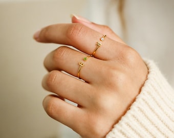 Personalized Initial Birthstone Ring – Custom Letter Ring for Mom – Minimalist Birthday Gift for Her