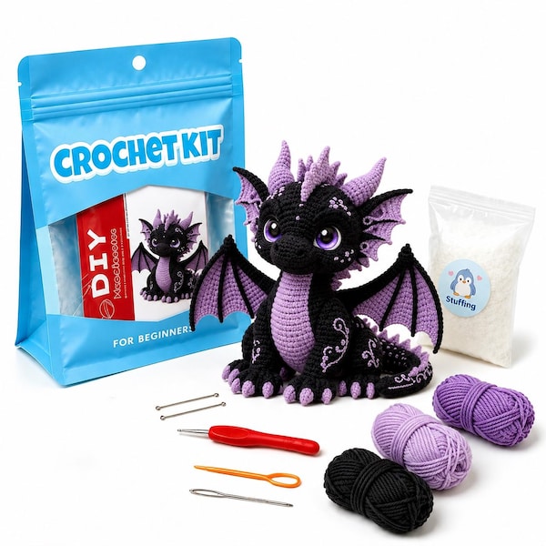 Black Purple Dragon Crochet Kit for Beginners, Amigurumi Dragon DIY Craft Kit, Dragon Crochet Pattern & Yarn Set, Handmade Gothic Gift