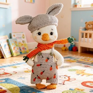 May include: A handmade crochet duck doll wearing a gray bunny hat, orange scarf, and gray overalls with carrot designs. The doll has a white body, orange beak and feet, and is standing on a patterned rug. A charming, whimsical children's toy.