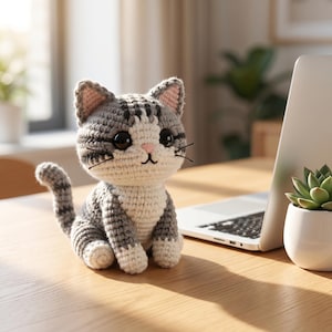 May include: A crocheted cat toy in shades of grey, white, and pink. The cat has large black eyes, a pink nose, and black whiskers. It sits on a wooden desk next to a laptop and a small succulent plant. The cat's tail is curled.