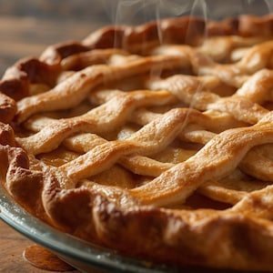 Può includere: Una torta appena sfornata con una crosta a griglia dorata, servita in una pirofila di vetro trasparente. Il vapore sale dal ripieno caldo, suggerendo un delizioso dessert. La torta è su un tagliere di legno.