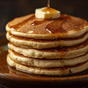 Puede incluir: Una pila de panqueques dorados sobre un plato rústico. Se rocía jarabe sobre los panqueques y una nuez de mantequilla se coloca encima. Los panqueques son un alimento para el desayuno.