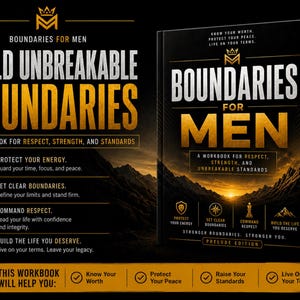 Puede incluir: Un libro titulado "Boundaries for Men" con letras doradas y blancas sobre un fondo negro. La portada incluye un gráfico de cordillera y el texto "A Workbook for Respect, Strength, and Unbreakable Standards."