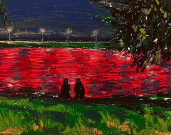 Peinture pastel à l'huile de couple romantique, art du paysage nocturne de la rivière Rouge