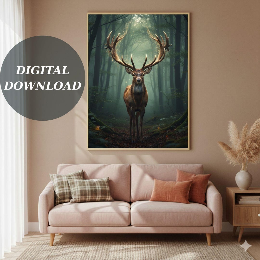 Mystical Stag Wall Art - Majestic Deer in Enchanted Forest Poster ...