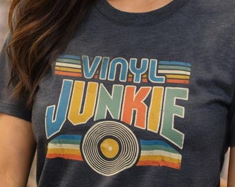 Camiseta Vinyl Junkie – Camiseta retrô para colecionadores de discos dos anos 80