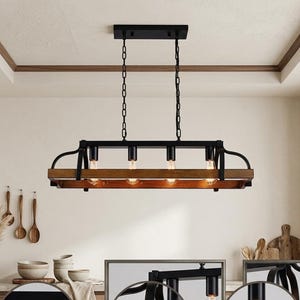 May include: A rectangular, rustic chandelier with five exposed light bulbs. The fixture has a black metal frame and chains, with a wooden base. The image includes close-up details and the text "Detailed view and installation close-ups."