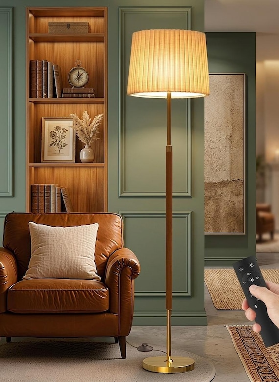 Mid-Century Modern Wood Floor Lamp with Dual Fabric Shade, Dimmable & Remote Control, Adjustable Color Temperature, Foot Switch