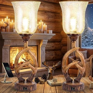 20.5” Resin Memory Function Bedside Lamps with Glass Shade, Rustic Nightstand Lamp, Antler Table Uplight Lamp