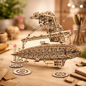 Steampunk Luftschiff 3D Puzzle Laser Cut Datei | Zeppelin Modell SVG DXF | Industrieller Flugschiffplan | Mechanisches Holzmodell | Digitaler Download