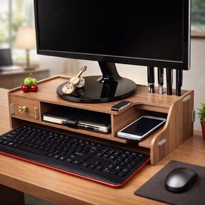 Könnte beinhalten: Ein Monitorständer aus Holz mit Tastatur, Maus und Smartphone. Der Ständer hat eine Schublade, ein Regal für ein Notizbuch und einen Steckplatz für Stifte. Eine kleine dekorative Geige und Früchte befinden sich oben auf dem Ständer.