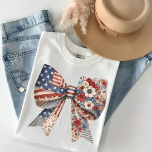 Skjorta med blommigt lappmönster och rosett, american t-shirt i cottagecore-stil, 4 juli-outfit S-4XL
