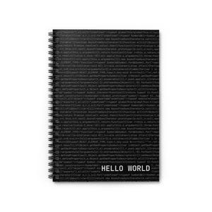 Peut inclure: Cahier à spirales noir avec une couverture remplie de lignes de code. Les mots "HELLO WORLD" sont imprimés en blanc en bas. Un cadeau pour les programmeurs.