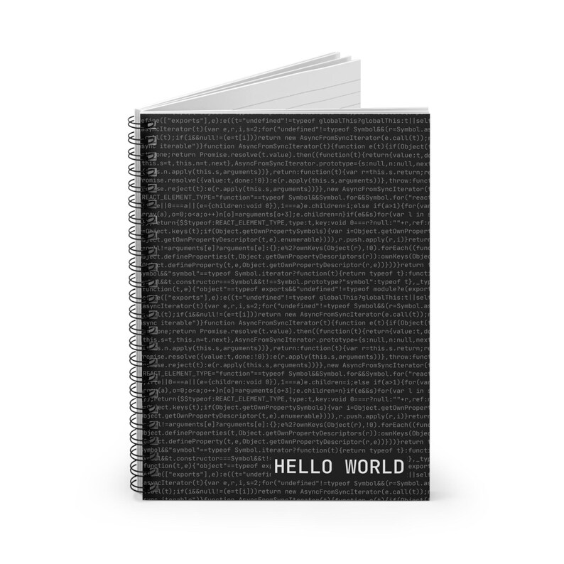 Vertical view of black spiral notebook with programming code pattern and ‘Hello World’ text on the cover.