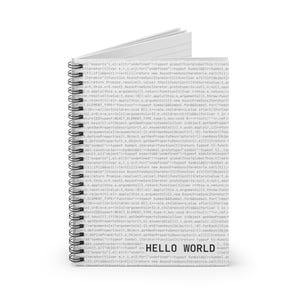 Vertical view of white spiral notebook with programming code pattern and ‘Hello World’ text on the cover.