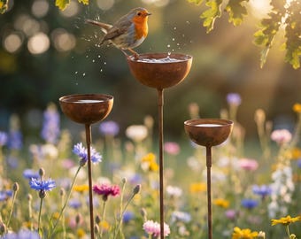 Bebedero de metal oxidado para pájaros, estaca para recoger agua de lluvia, cuenco de agua de acero Corten, comedero rústico para jardín, bebedero para fauna silvestre