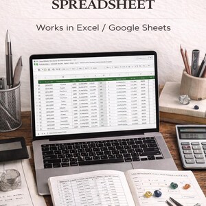 May include: A laptop showing a gemstone inventory logbook spreadsheet, with the text "GEMSTONE INVENTORY LOGBOOK SPREADSHEET" above. The image includes a calculator, pencils, and open notebooks. The text "Works in Excel / Google Sheets" is also visible.