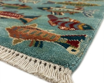 Hand Knotted Wool Rug, Fish Motif Area Rug, Colorful Nursery Decor, Whimsical Marine Life Carpet, Unique Handmade Rug Kids Room Floor Accent