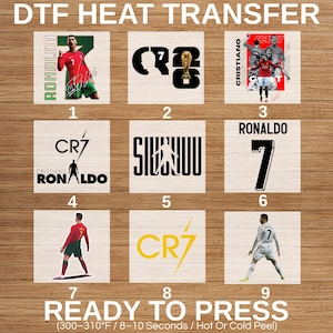 Puede incluir: Una colección de diseños de transferencia de calor DTF con la estrella de fútbol Cristiano Ronaldo. Los diseños incluyen imágenes de Ronaldo, su logotipo CR7 y su número de camiseta 7. También se incluye el texto "READY TO PRESS".