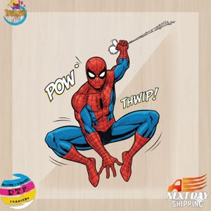Peut inclure: Illustration de style bande dessinée de Spider-Man, dans sa tenue rouge et bleue emblématique, en pleine action. L'image comprend les onomatopées "POW" et "THWIP!", capturant l'action d'un super-héros.