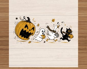 Halloween Pumpkin DTF Transfer:Cute Ghost Goose Black Cat Heat Transfer, Spooky Fall Iron On