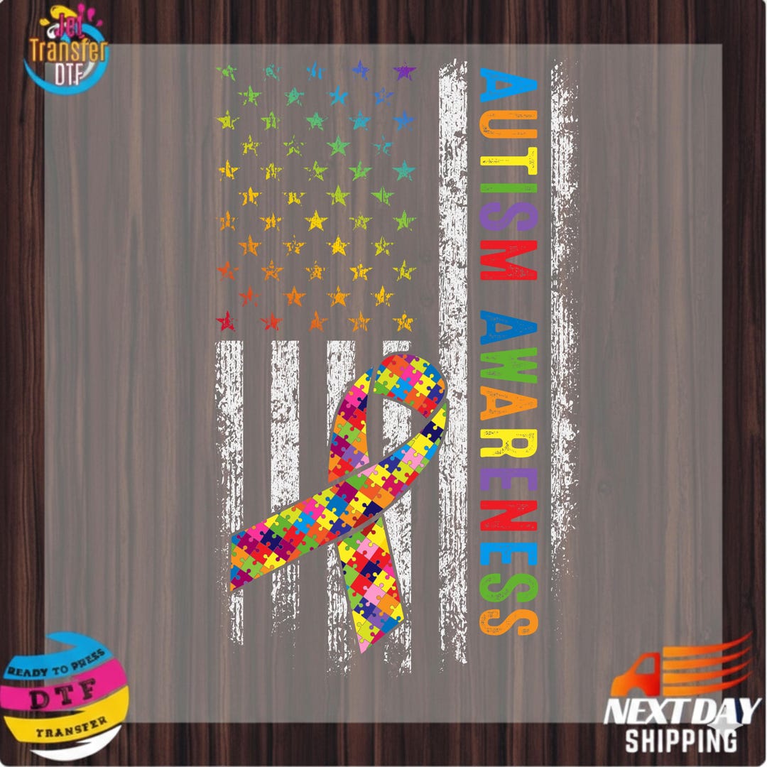 Autism Awareness American Flag DTF Transfer: Patriotic Puzzle Ribbon ...