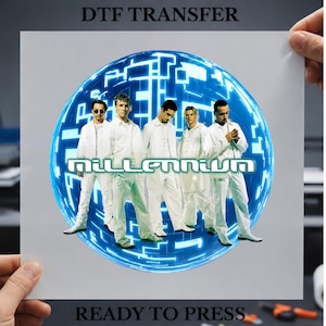 Puede incluir: Una hoja de transferencia DTF con un gráfico circular de cinco personas vestidas de blanco frente a una esfera digital azul brillante. La palabra Millennium está impresa en una fuente blanca estilizada en el centro. Texto DTF TRANSFER y READY TO PRESS.