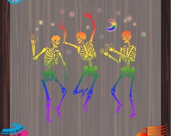 Rainbow Skeleton Dance DTF Transfer: Colorful Skeleton Juggling Art