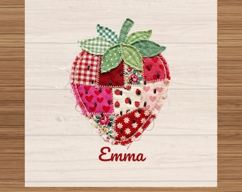 Personalized Strawberry Patchwork DTF Transfer: Custom Name Embroidery Look Heat Transfer, Berry First Birthday