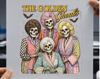 Transfer DTF z filmu The Golden Ghouls, zabawny transfer DTF z filmu Halloween, projekt retro szkieletu dla kobiet, transfer na koszulkę z motywem upiornego Halloween