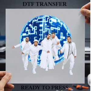 May include: A DTF transfer sheet featuring a graphic of five individuals dressed in white outfits standing in front of a glowing blue digital sphere. The text DTF TRANSFER is printed at the top and READY TO PRESS is printed at the bottom.