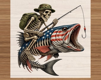 Skeleton Fishing DTF Transfer: American Flag Bass Fish Heat Transfer Ready to Press