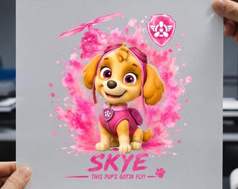 Koszulka Skye DTF Transfer, różowy szczeniak ze schroniska, gotowa do druku (dziecięca koszulka urodzinowa)