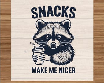 Snacks Make Me Nicer DTF Transfer:Raccoon Heat Transfer Sheet, Funny Animal Iron On for Shirts, Ready to Press DTF