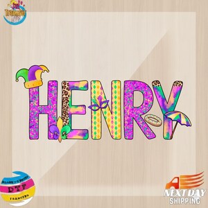 以下が含まれることがあります： 紫、緑、黄色、ヒョウ柄で描かれた「HENRY」という名前のカラフルなグラフィックデザイン。道化師の帽子、マスク、傘など、マルディグラをテーマにした要素が含まれています。