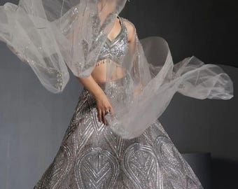 Designer Faux Georgette Lehenga Choli for Engagement & Wedding, Heavy Sequins Dori Work Bridal Party Reception Outfit, lengha ready to wear