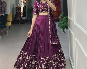 Designer paarse zijden lehenga choli voor verloving en bruiloft, zware pailletten, feestkleding Indiase etnische outfit lehenga feestelijke kleding