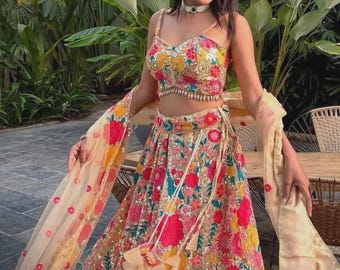Designer Multicolor Floral Sequin Lehenga Choli with Dupatta Indian Wedding Guest Wear USA