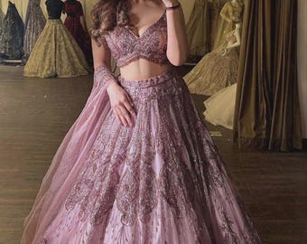 Designer Dusty Rose Soft Net Lehenga Set, Indian Guest Wedding Outfit, Festive Wear