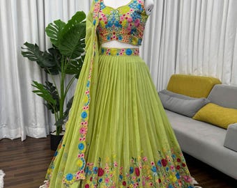 Conjunto de lehenga choli verde con bordado de lentejuelas, traje de compromiso para boda india, ropa de fiesta de diseñador, lehenga étnica.